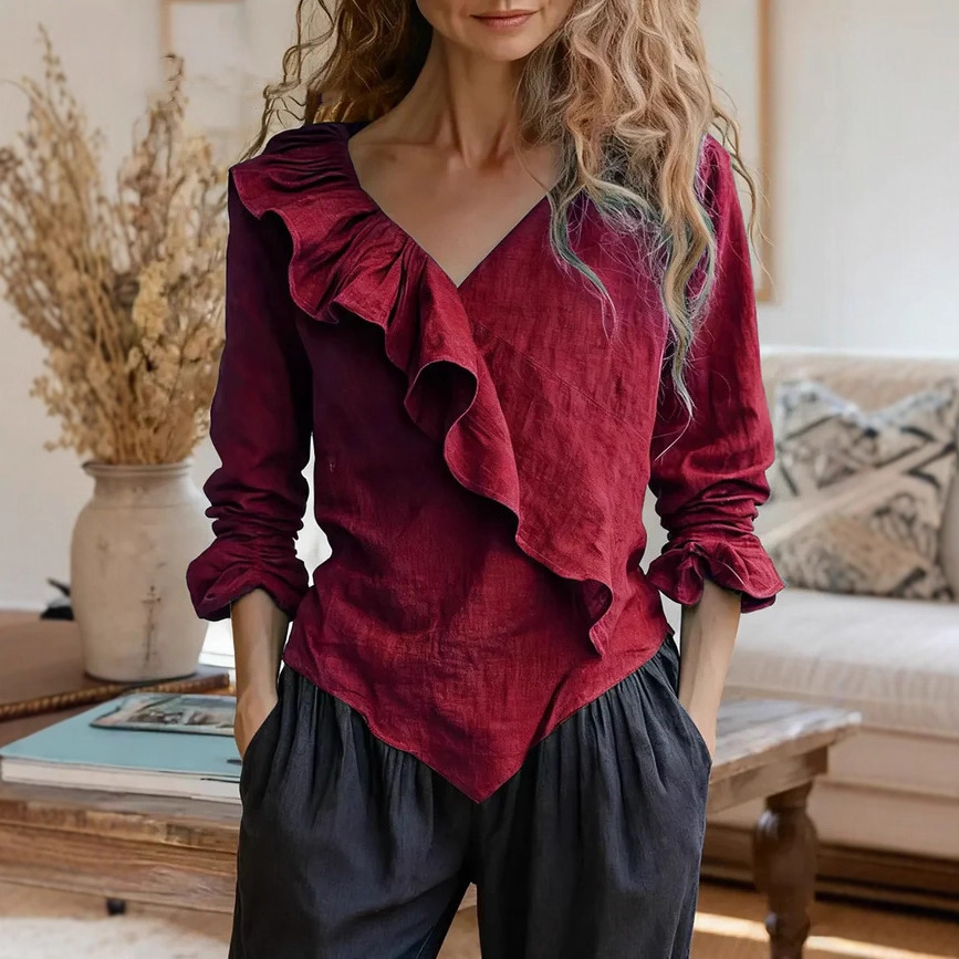 Women's Solid V-Neck Long Sleeve Ruffle Cotton-Linen Top