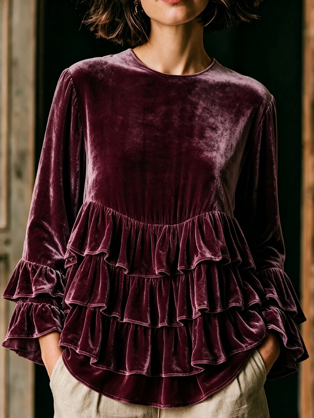 Women's Long Sleeve Ruffle Crewneck Solid Color Loose Casual T-Shirt