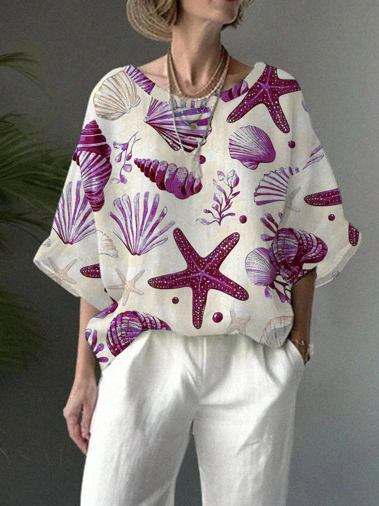 Women's Summer Digital Print Half-Sleeve Round Neck Loose Casual Top