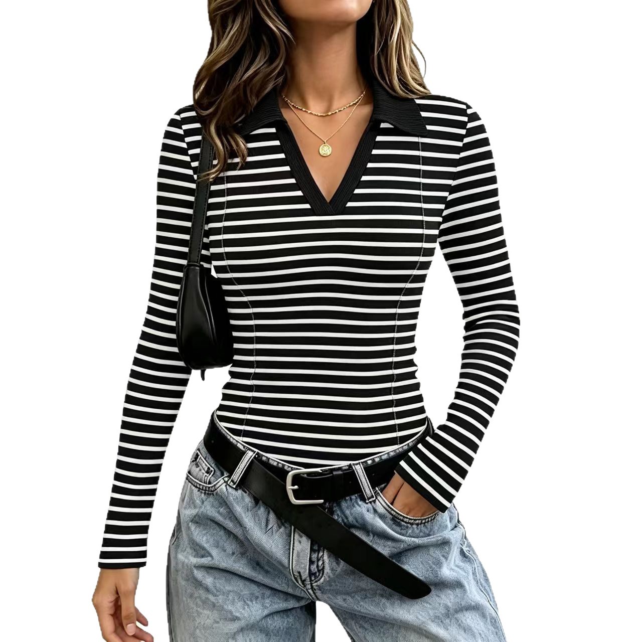 Retro Black and White Striped V-Neck Long-Sleeve Polo Shirt