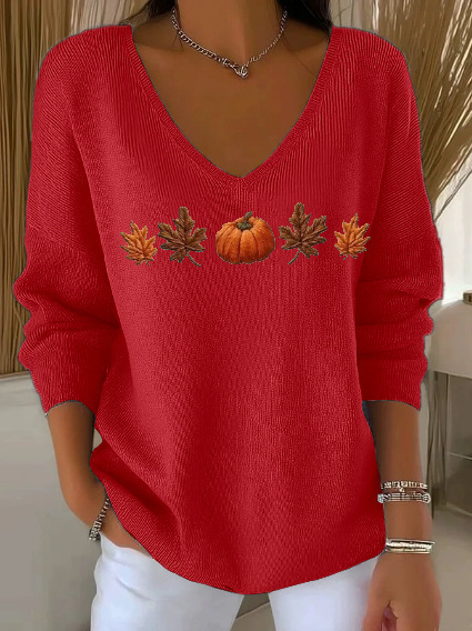 Maple Leaf Print V-Neck Long Sleeve T-Shirt