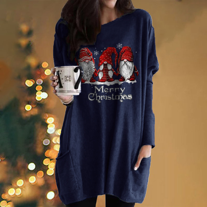 Christmas Santa Print Long-Sleeve Pocket Round-Neck T-Shirt Dress