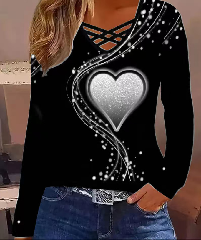 Women's Heart Print Long Sleeve V-Neck T-Shirt
