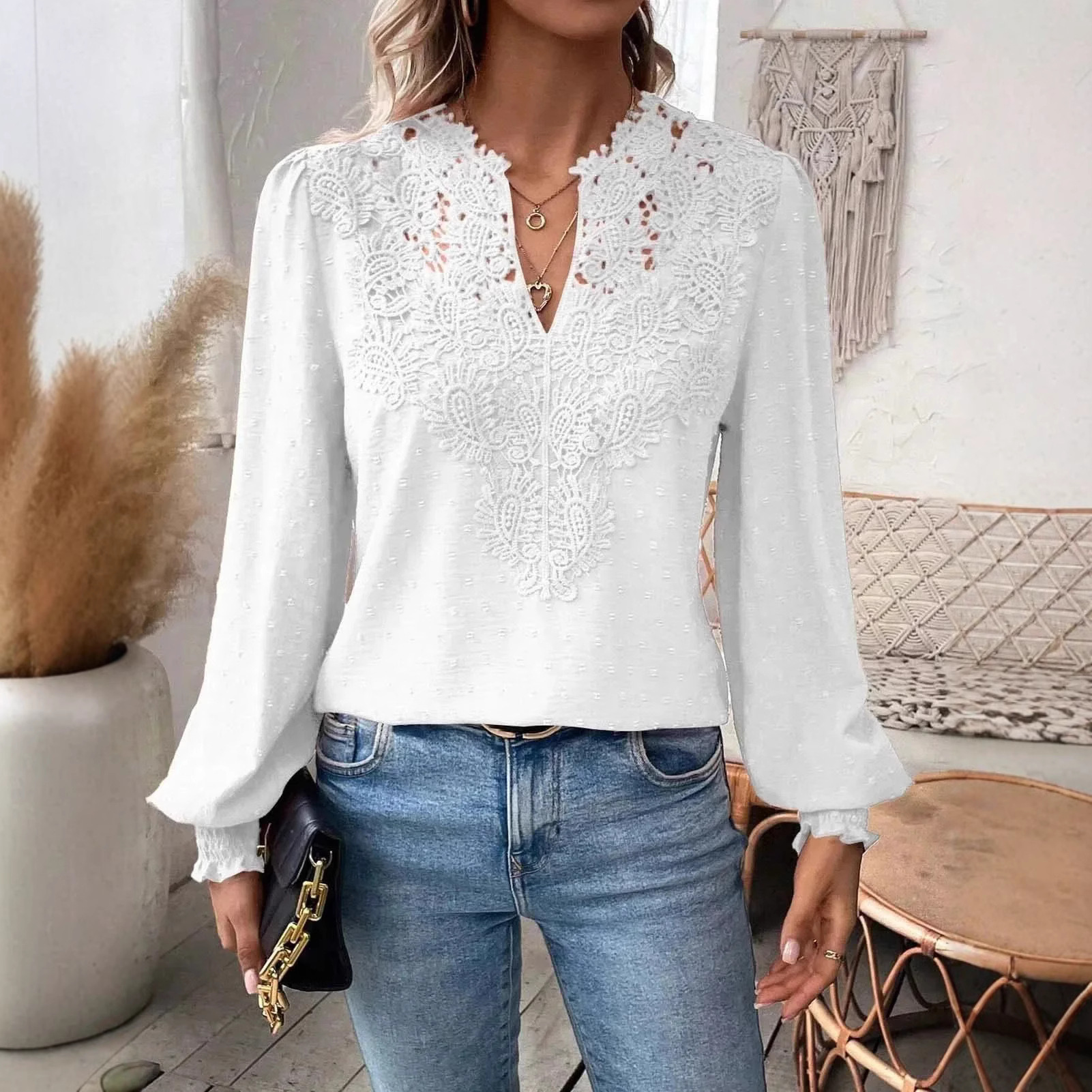 V-Neck Lace Long Sleeve Casual Top