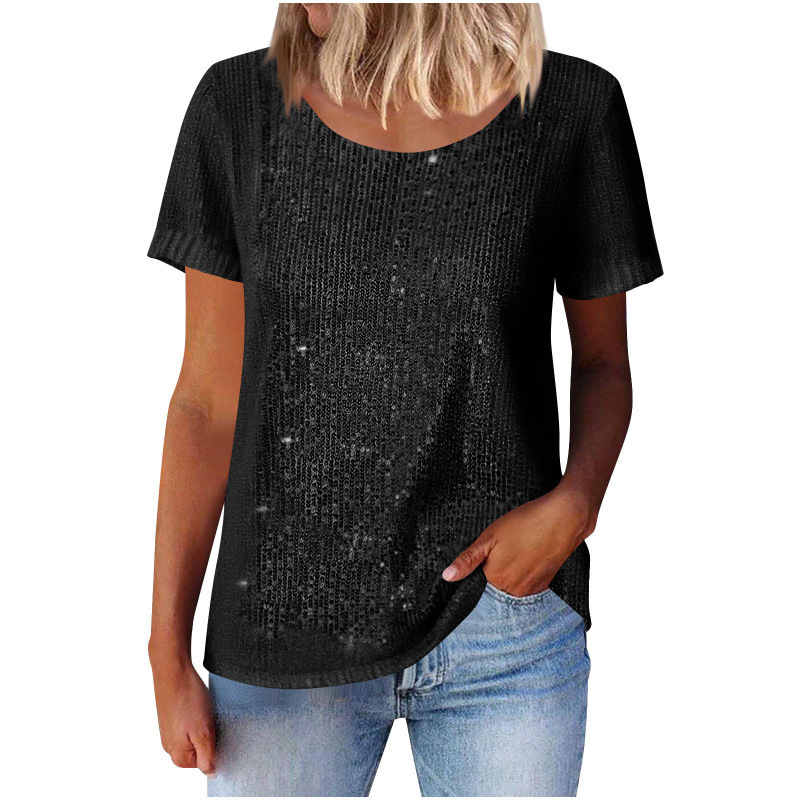 Women's Sequin Loose Crewneck Short Sleeve Top
