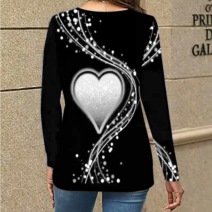 Women's Heart Print Long Sleeve V-Neck T-Shirt