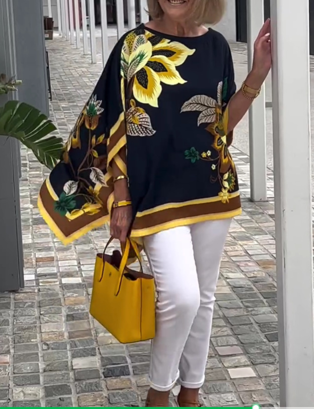 Women's Floral Print Short Sleeve V-Neck Midi Top Casual Loose Fit