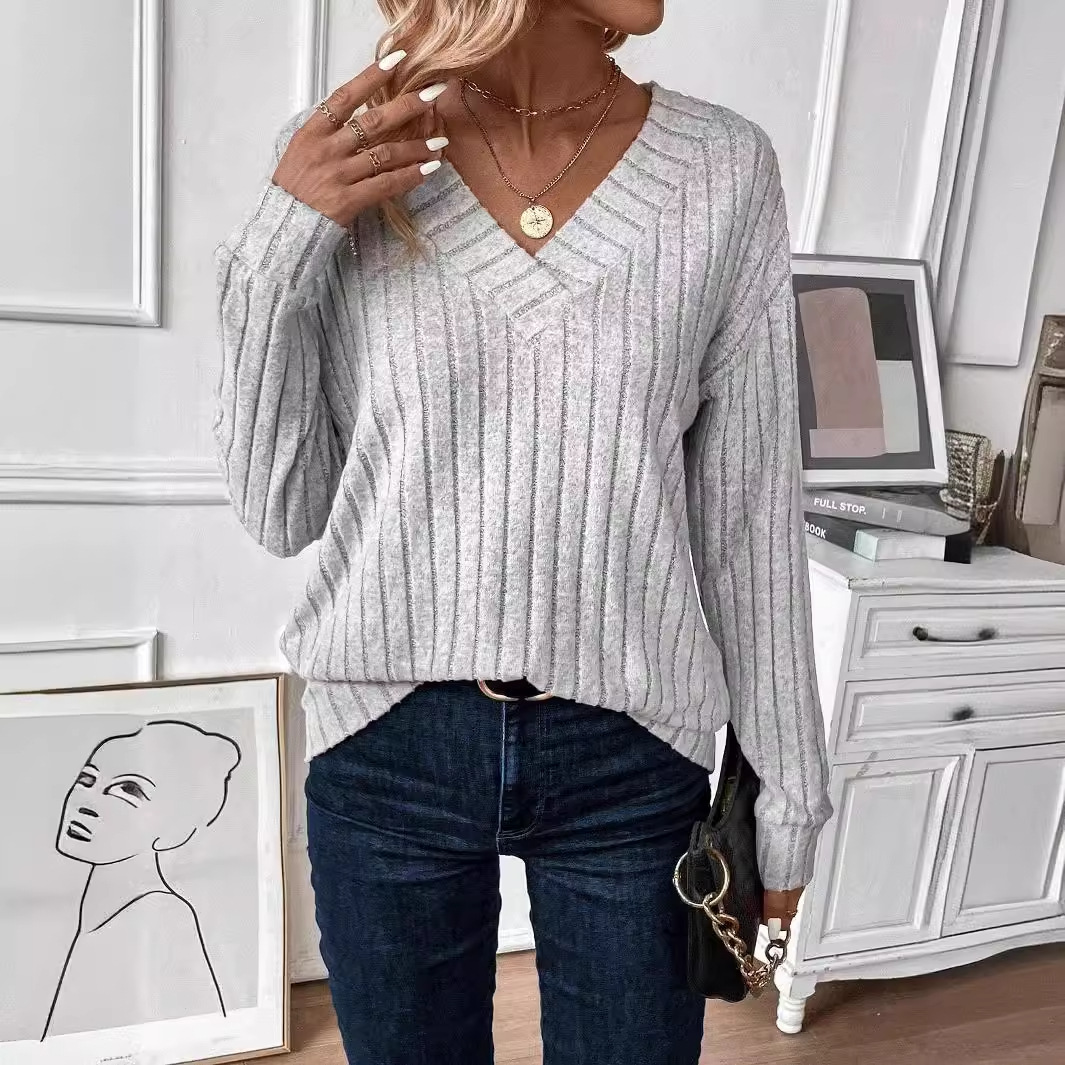 Long Sleeve V-Neck Knit T-Shirt Casual Solid Color Top for Women