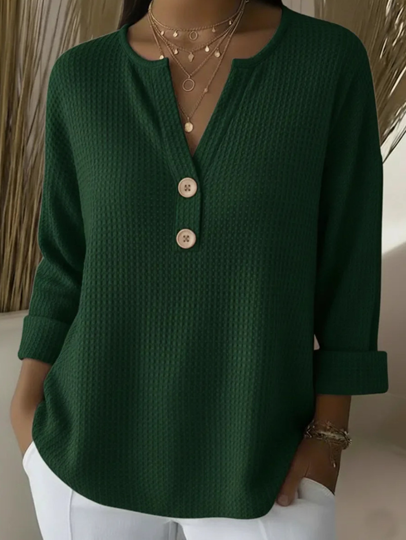 Women's V-Neck Waffle Knit Long Sleeve Pullover Sweater Solid Casual Top