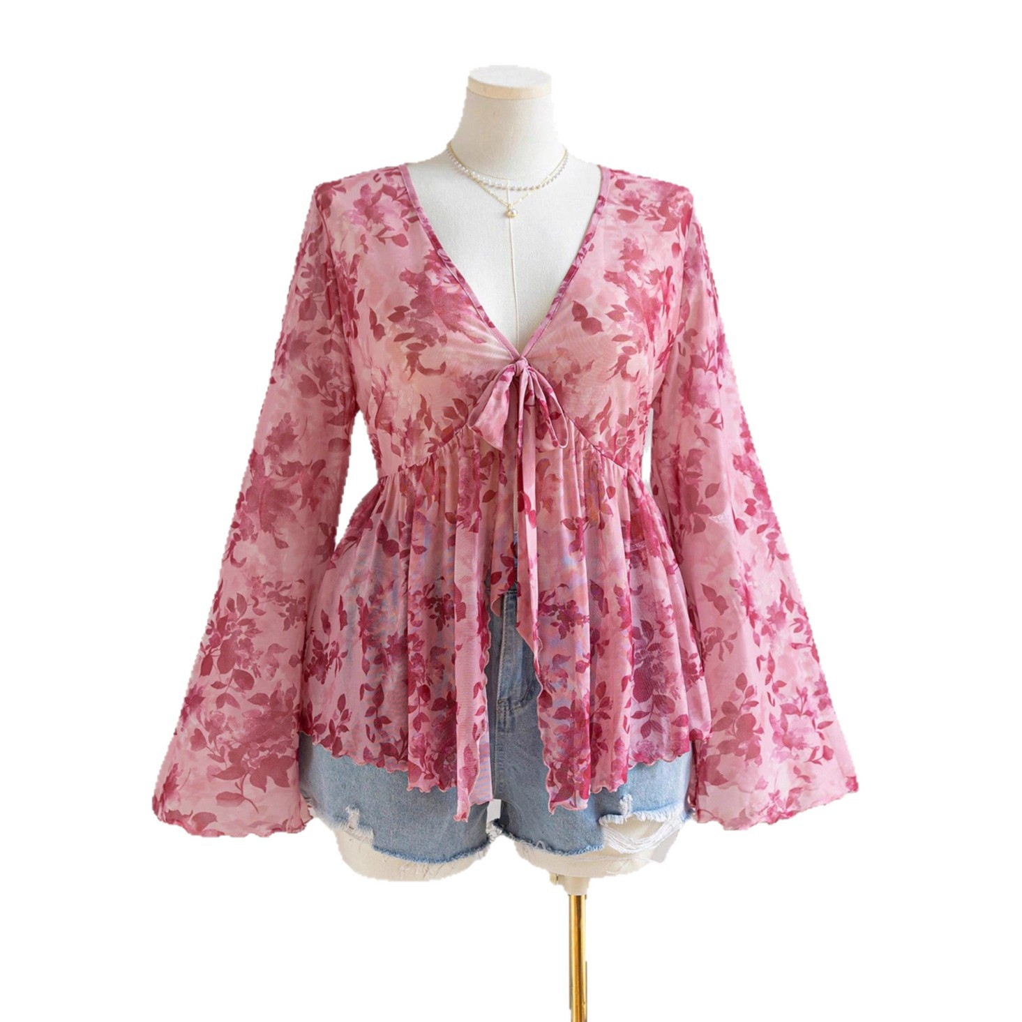 V-Neck Mesh Print Bell Sleeve Loose Vacation Top