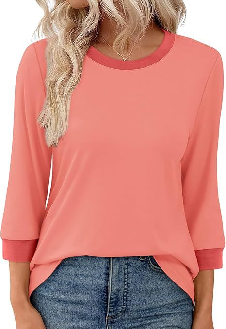 Women's 3/4 Sleeve Colorblock T-Shirt Crew Neck Fitted Top