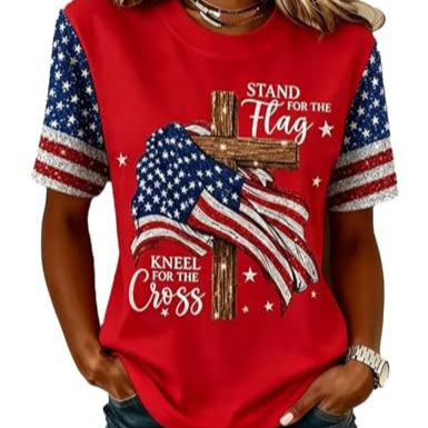 Summer Cross American Print Crewneck Short Sleeve Women's Top