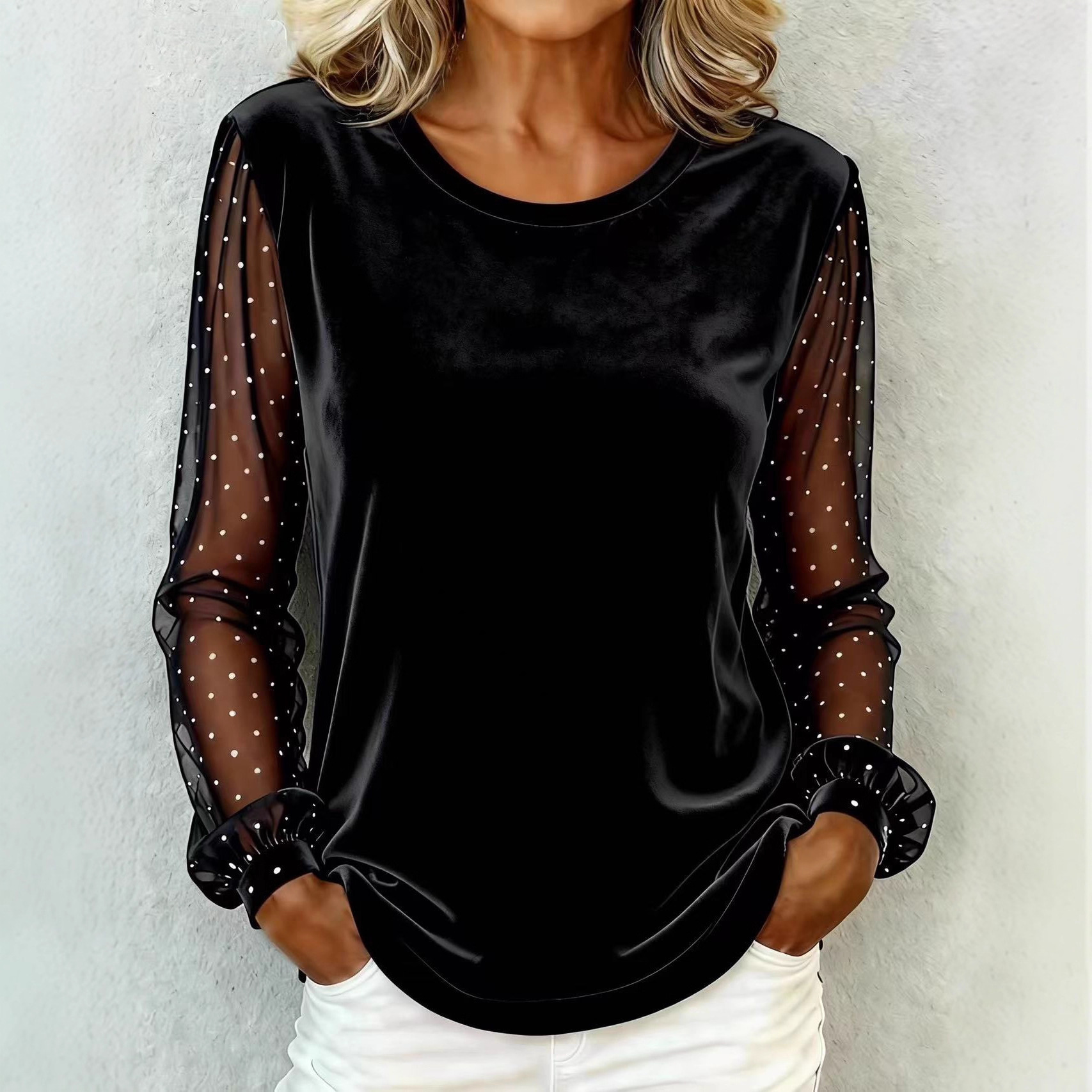 Elegant Lace-Trim Velvet Long-Sleeve Crewneck Top