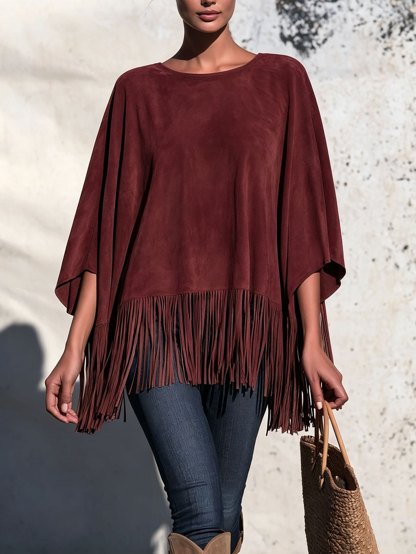 Women's Loose Crewneck Fringe T-Shirt Casual Solid Color