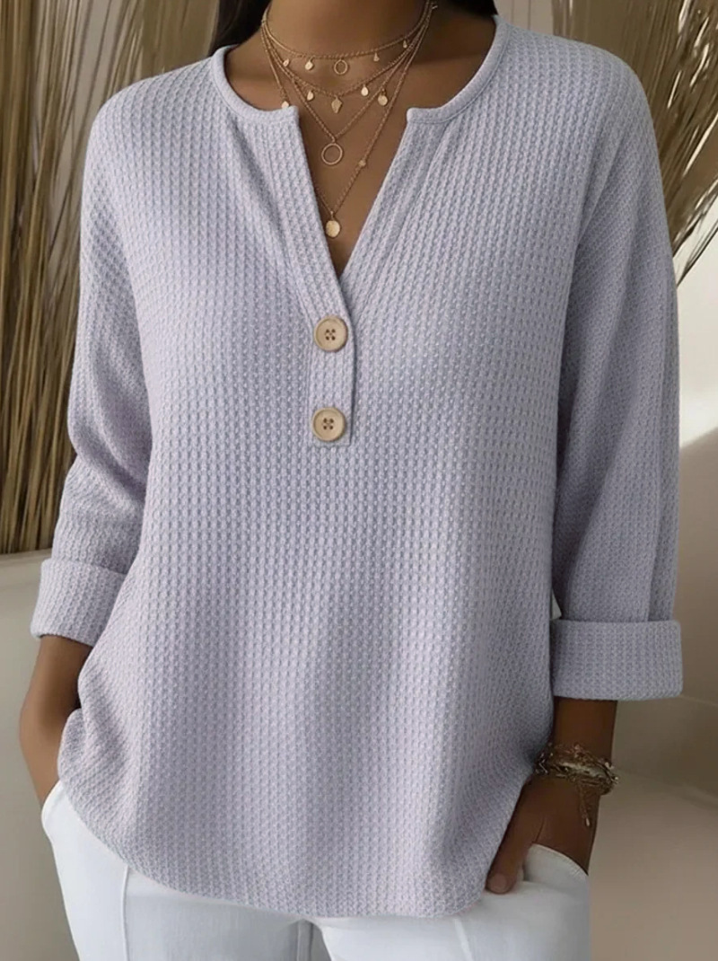 Women's V-Neck Waffle Knit Long Sleeve Pullover Sweater Solid Casual Top
