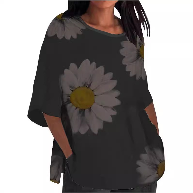 Chrysanthemum Print Round Neck 3/4 Sleeve T-Shirt for Women