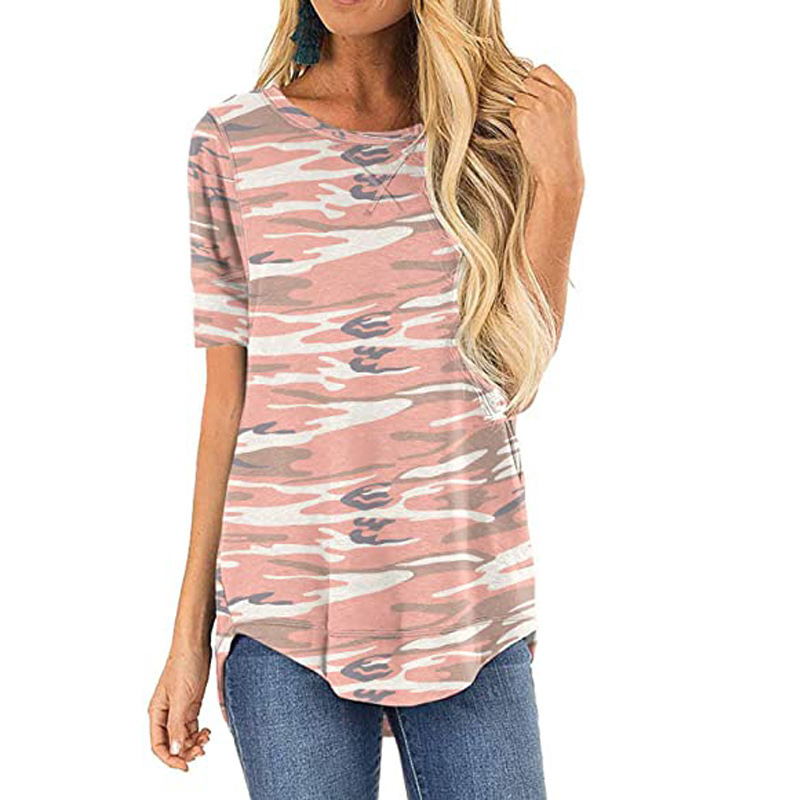 Women's Loose Fit Crewneck Printed Short Sleeve T-Shirt with High-Low Hem