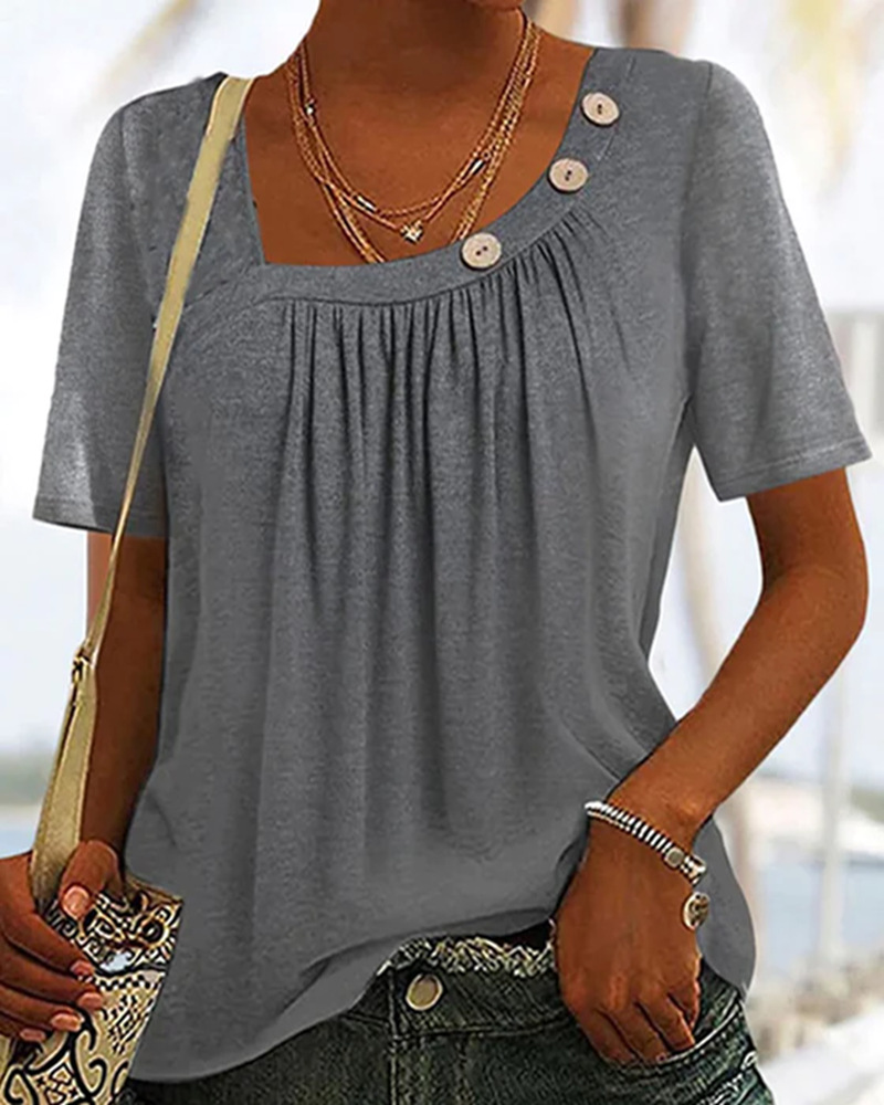 Women's Solid Color Button Round Neck Short Sleeve T-Shirt