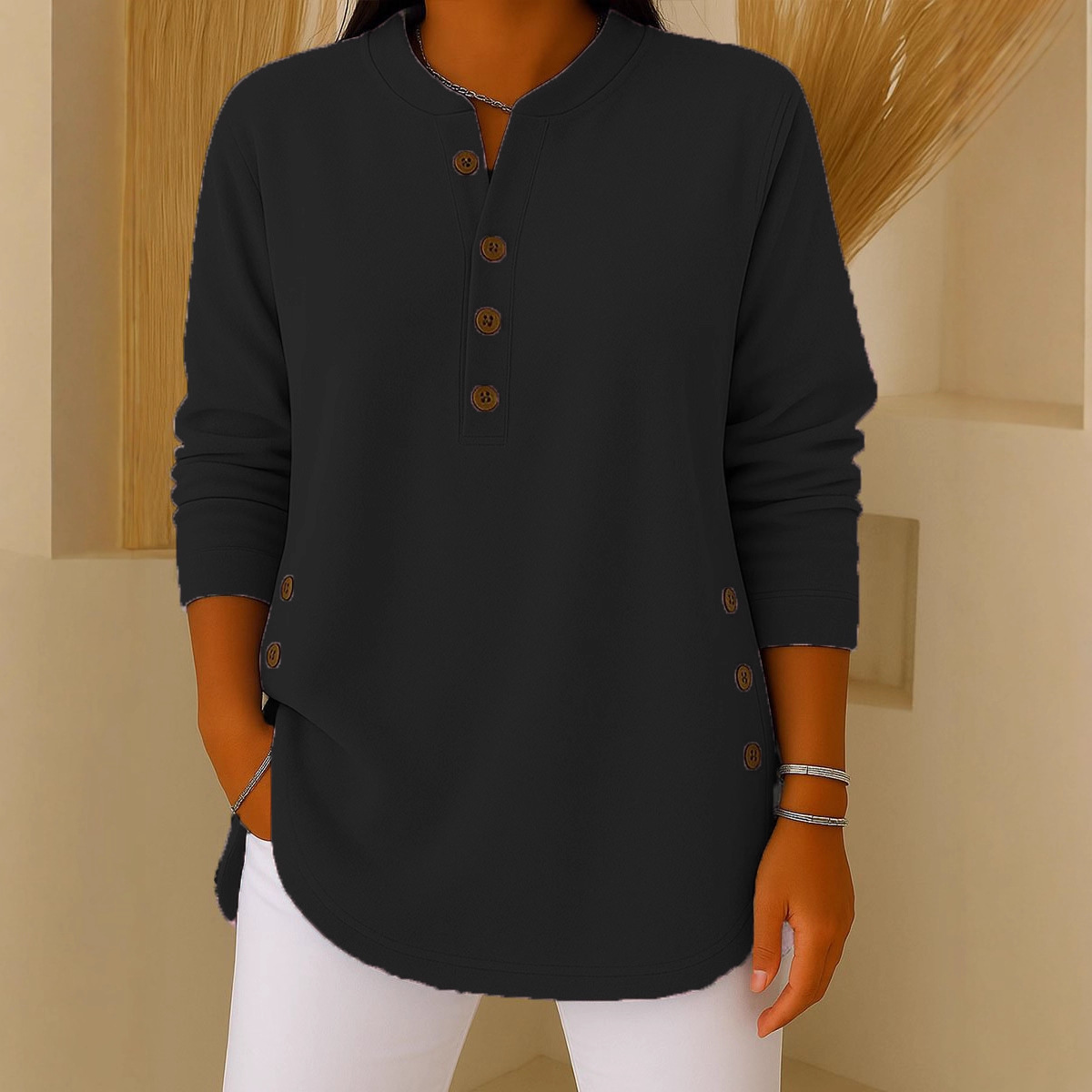 Women's V-Neck Button Knit Long Sleeve Top