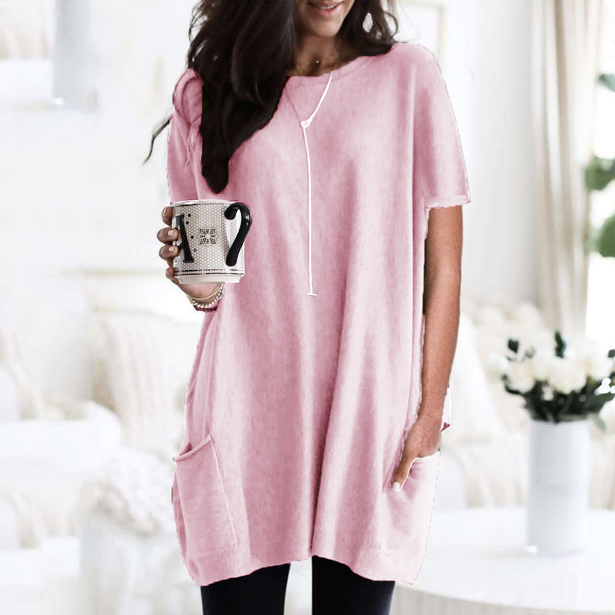 Women's Long Sleeve Pocket T-Shirt Casual Loose Fit Crew Neck Top