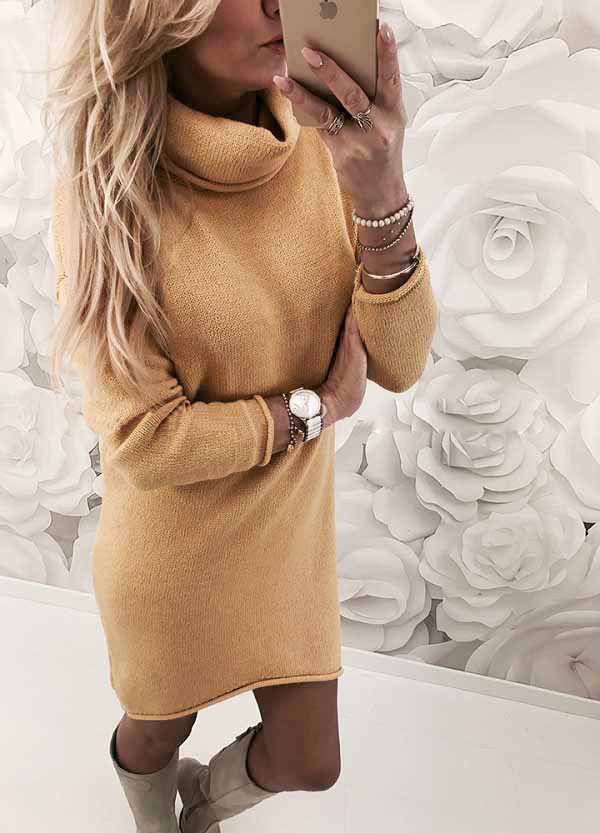 Long Sleeve Slim Fit Turtleneck Sweater Dress Midi Pullover Women's