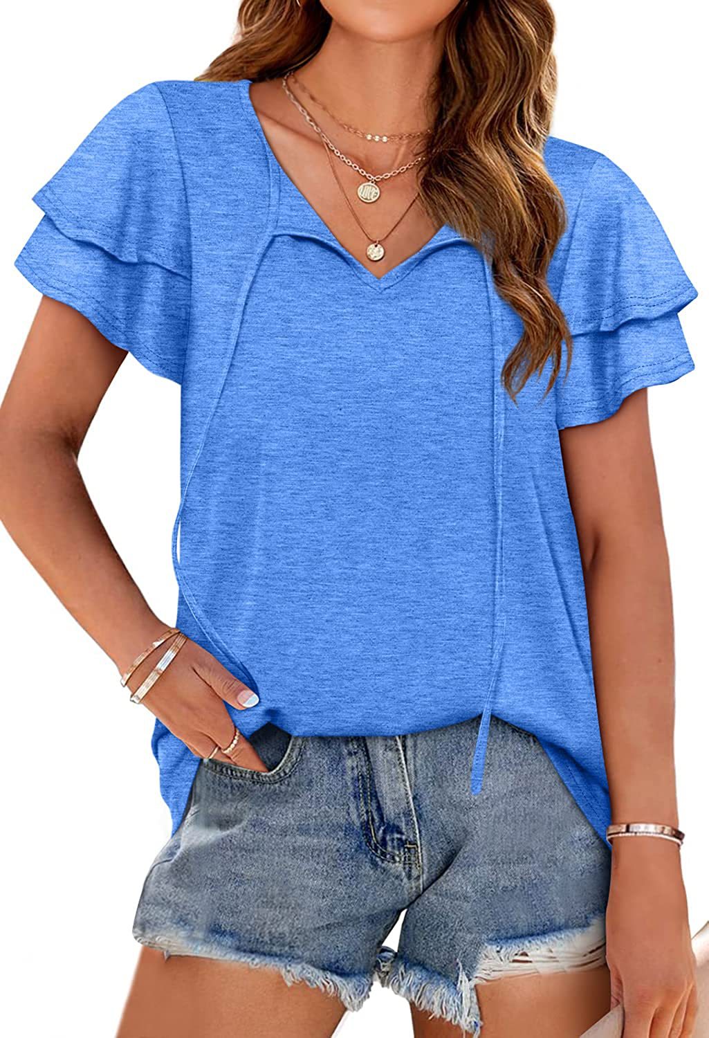 V-Neck Double-Layer Sleeve Tie-Front Casual Women's T-Shirt