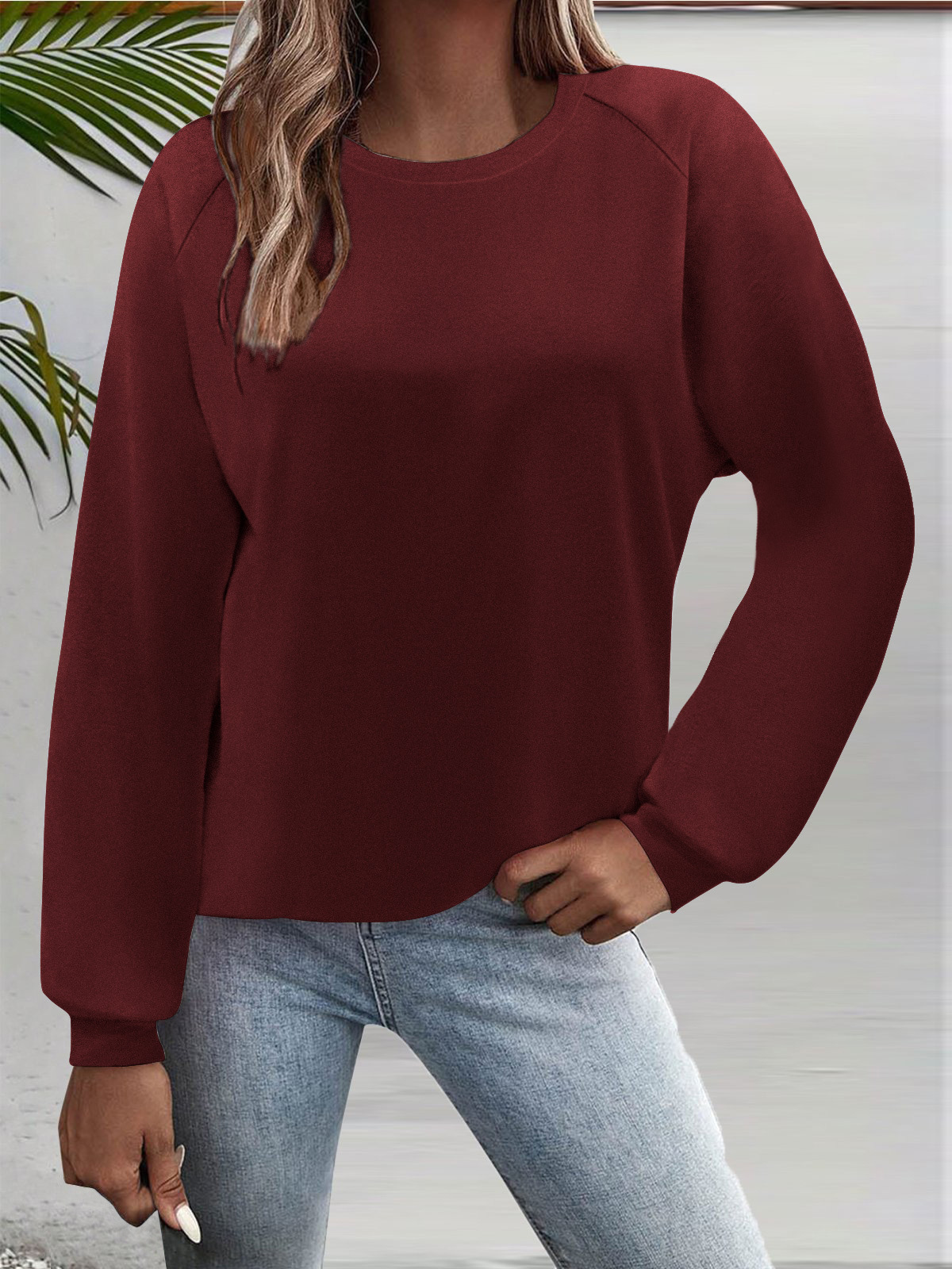 Women's Long Sleeve Crewneck T-Shirt Solid Color Loose Fit Top
