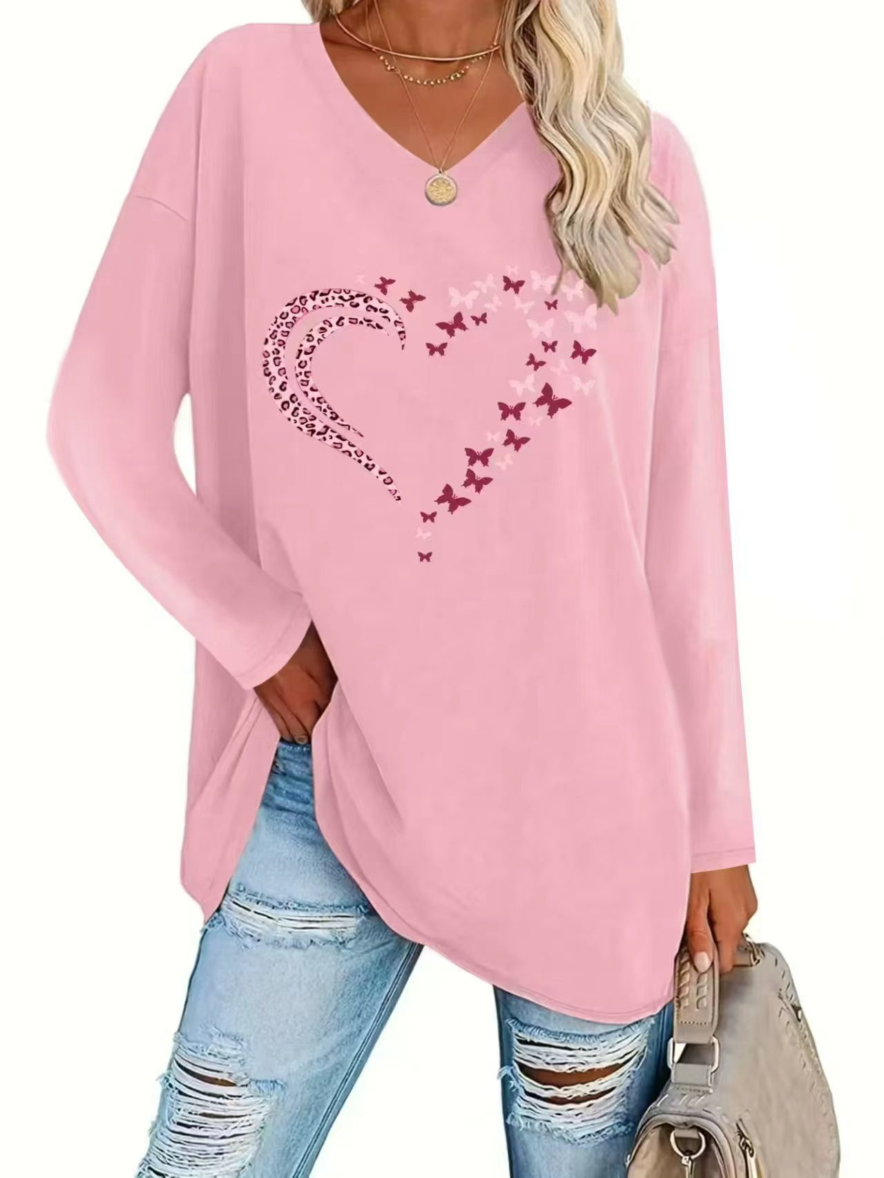 Women's Leopard Heart Butterfly Print Loose V-Neck Long Sleeve Top