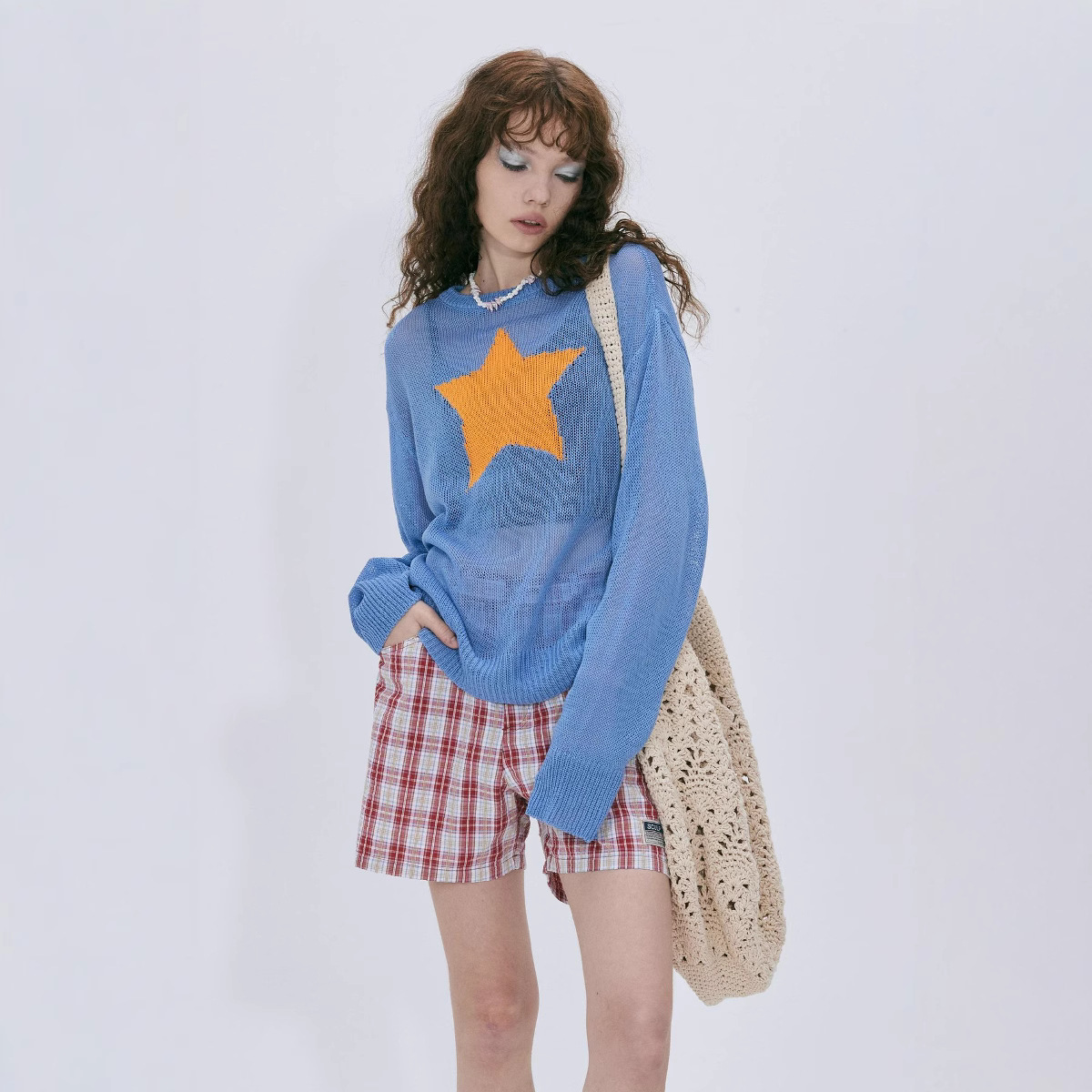 Sheer Star Cutout Knit Top Long Sleeve Crew Neck