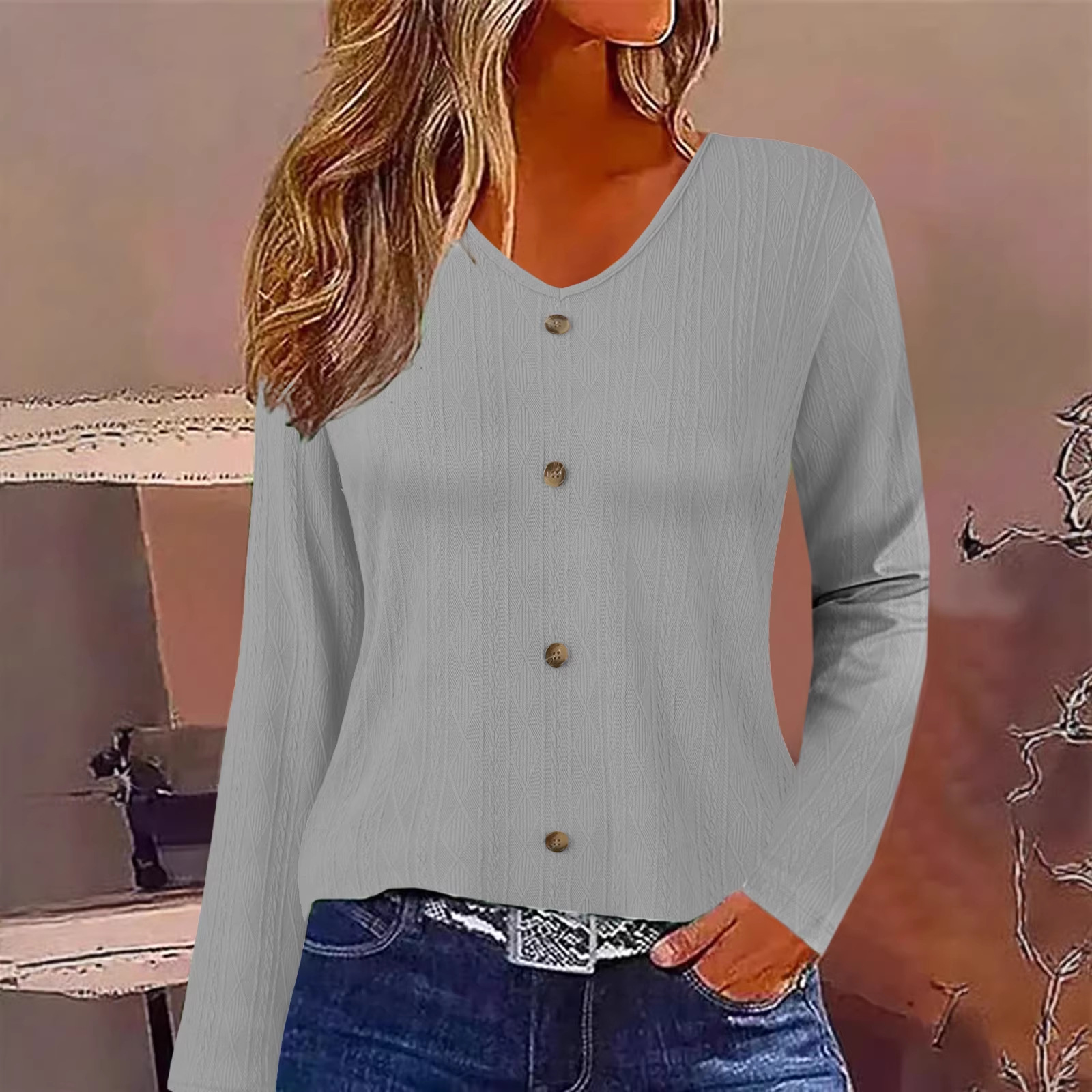 Women's V-Neck Long Sleeve Top Casual Loose Fit