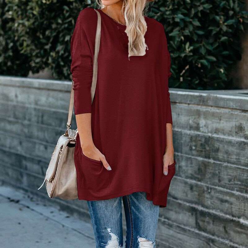 Women's Crewneck Long-Sleeve Pocket T-Shirt Plus Size