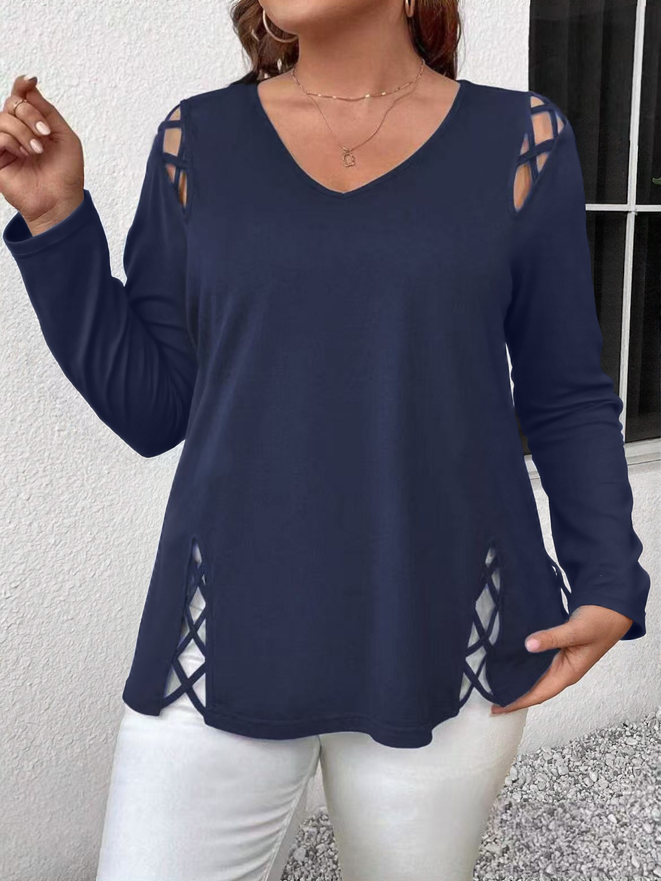 Plus Size Sexy V-Neck Crisscross Cutout Long Sleeve T-Shirt