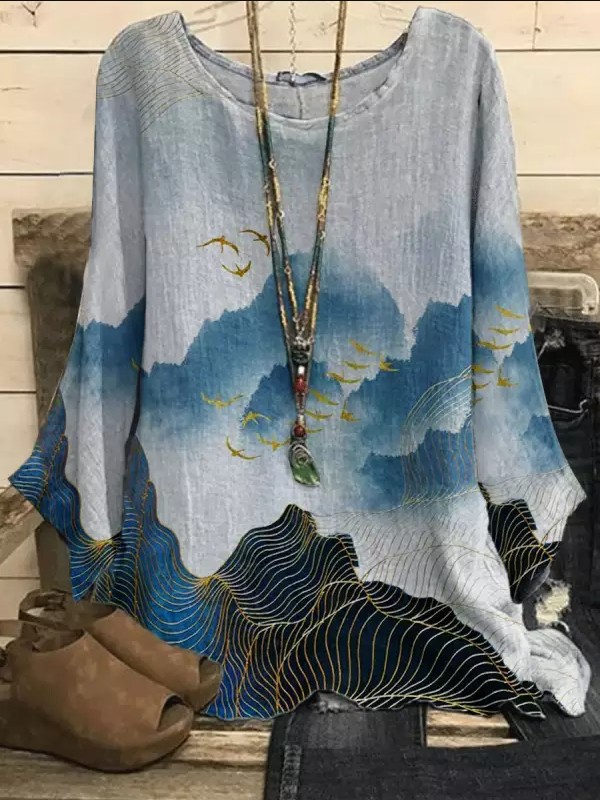 Cotton-Linen Floral Print Crewneck Loose Vintage Top