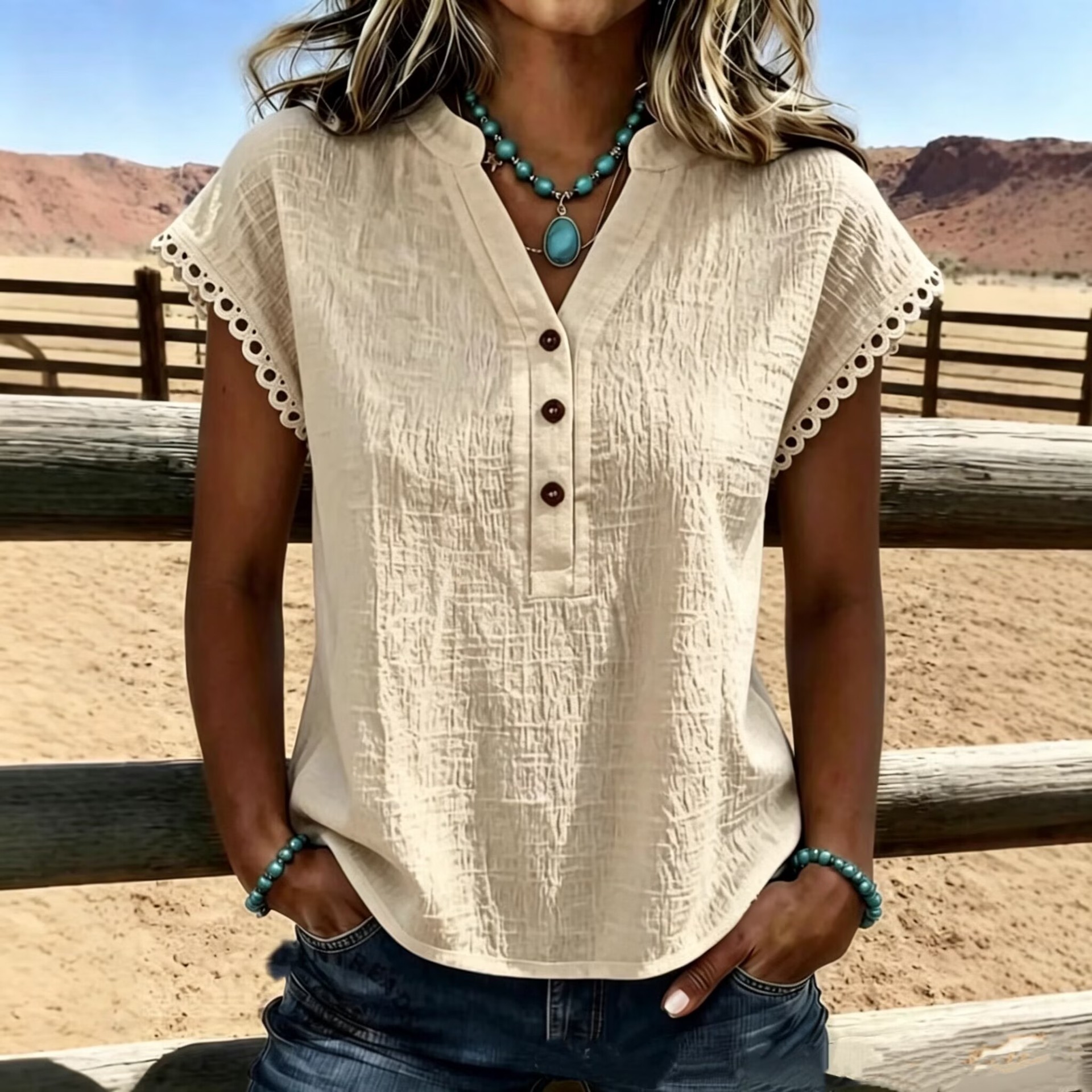 V-Neck Button Lace Trim Batwing Short Sleeve Solid T-Shirt