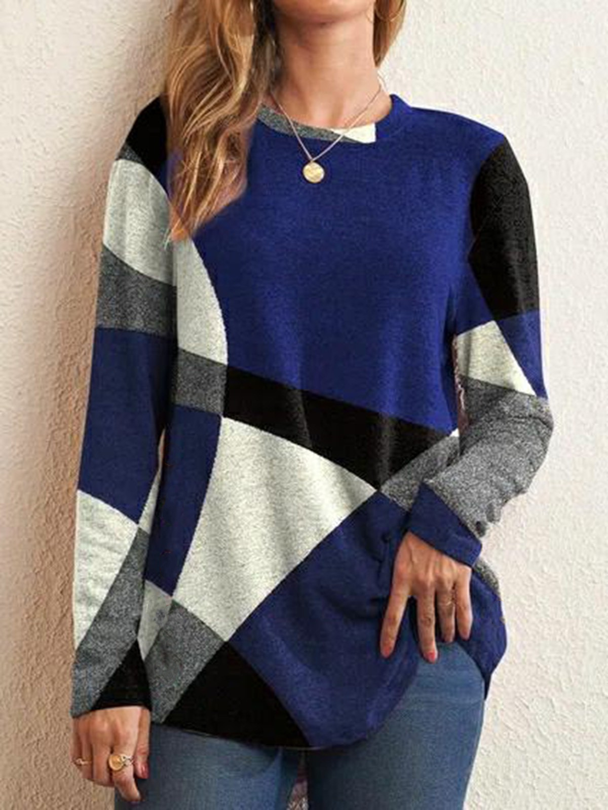 Button Geometric Colorblock Long Sleeve Print Loose T-Shirt Women's Top