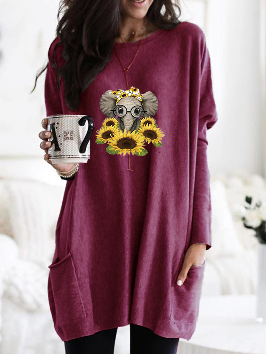 Women's Long Sleeve Loose Crewneck Elephant Print Pocket T-Shirt