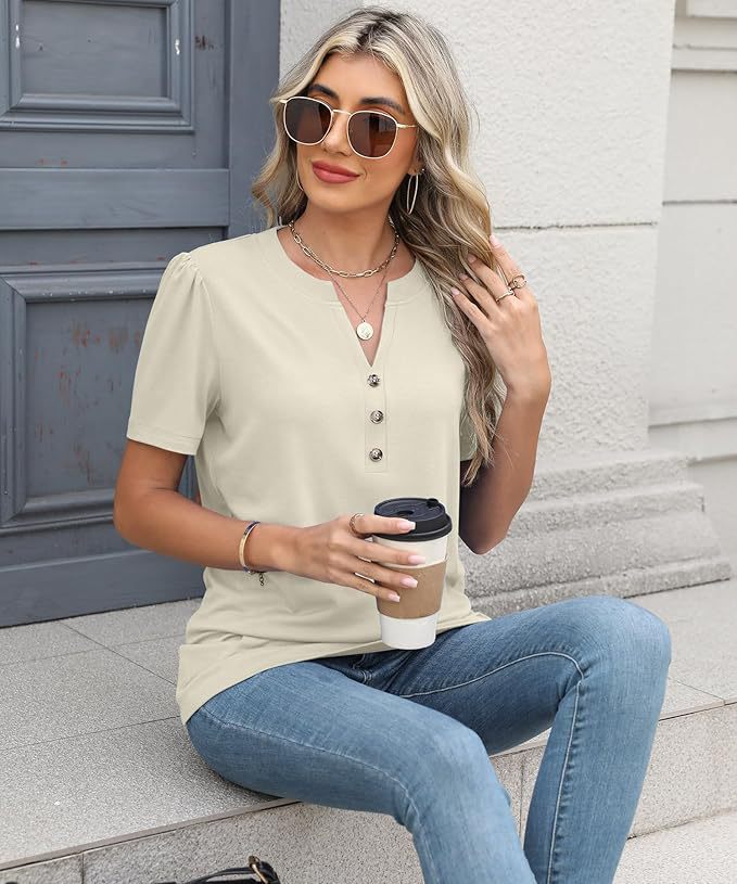 V-Neck Button-Down Short Sleeve Solid Shirt