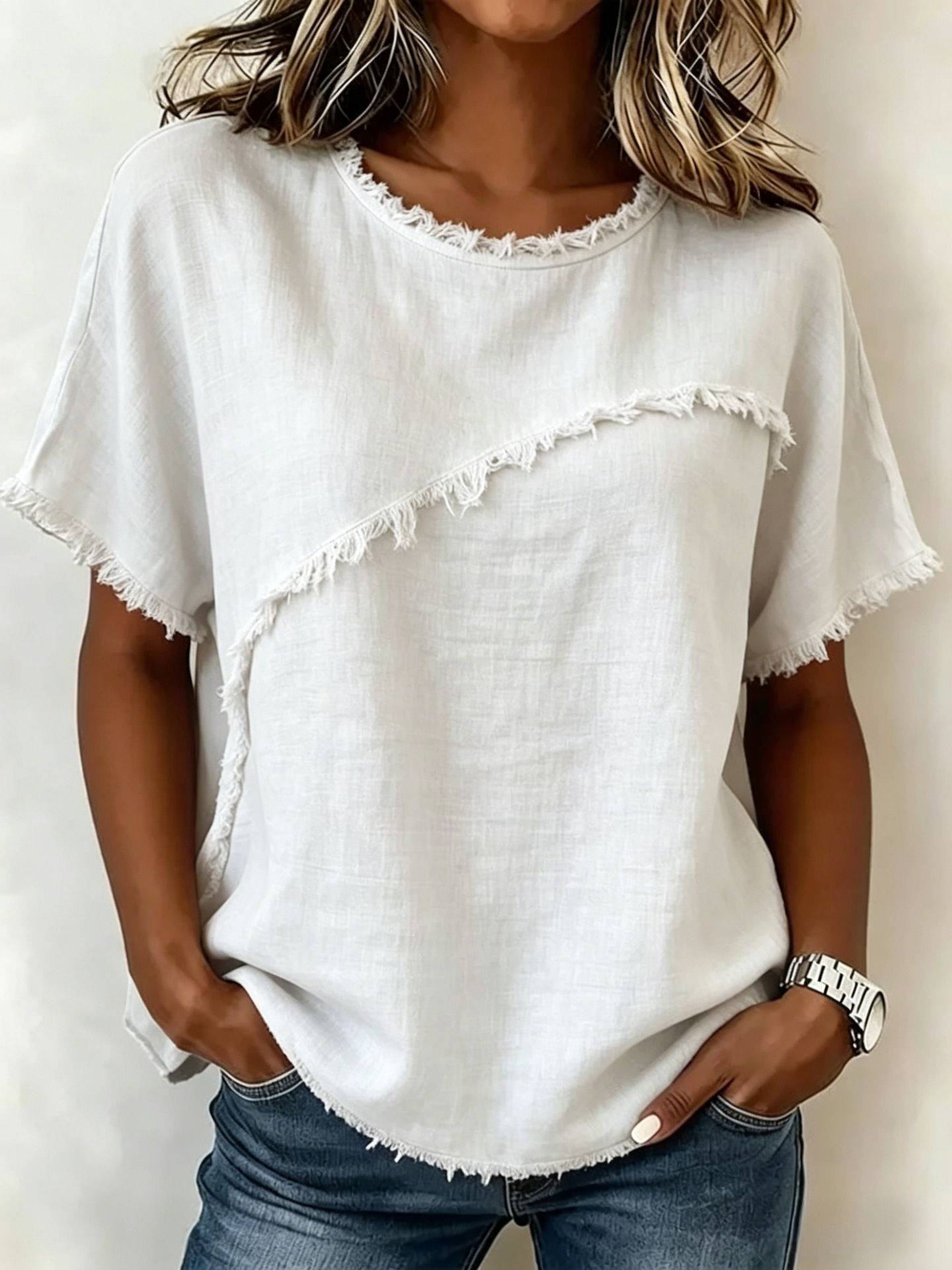 Women's Round Neck Loose Short Sleeve Paneled Top