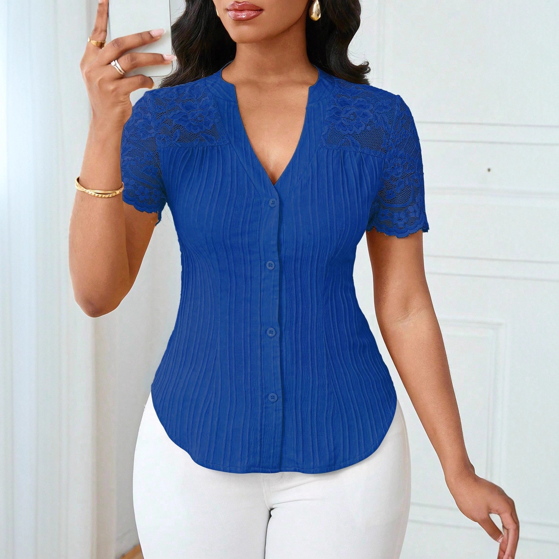 Women's Slim Fit Embroidered Cutout Short Sleeve Top