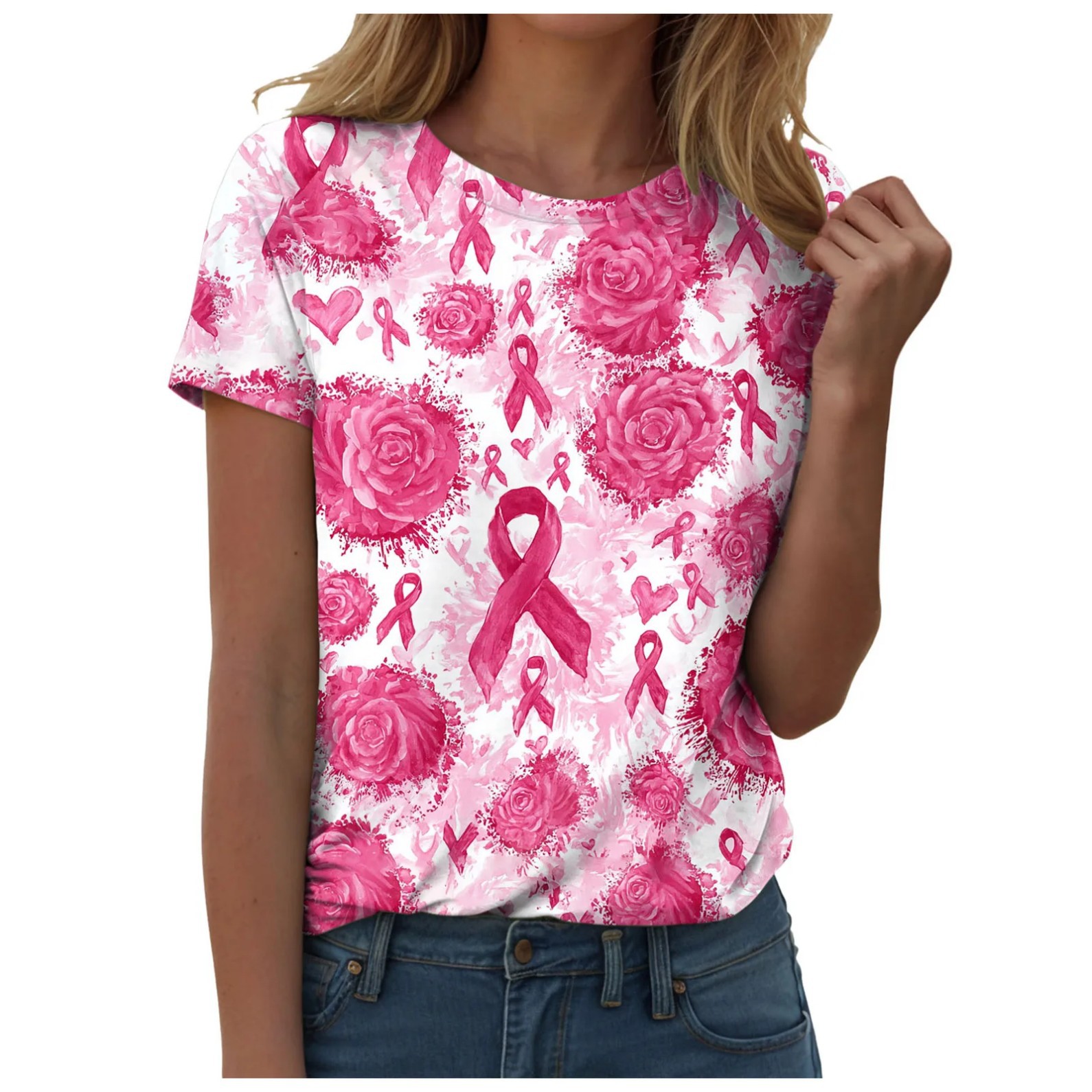 Ribbon Lip Print Heart Crewneck Short Sleeve Top