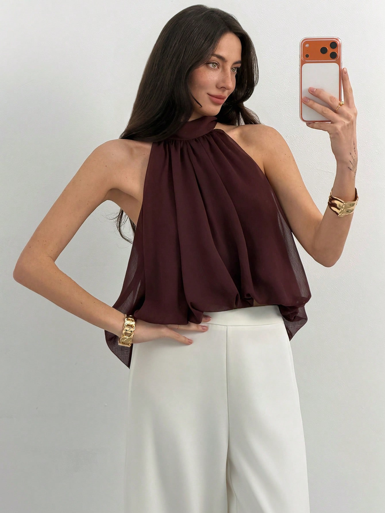 Sleeveless Chiffon Halter Tie-Back Solid Top