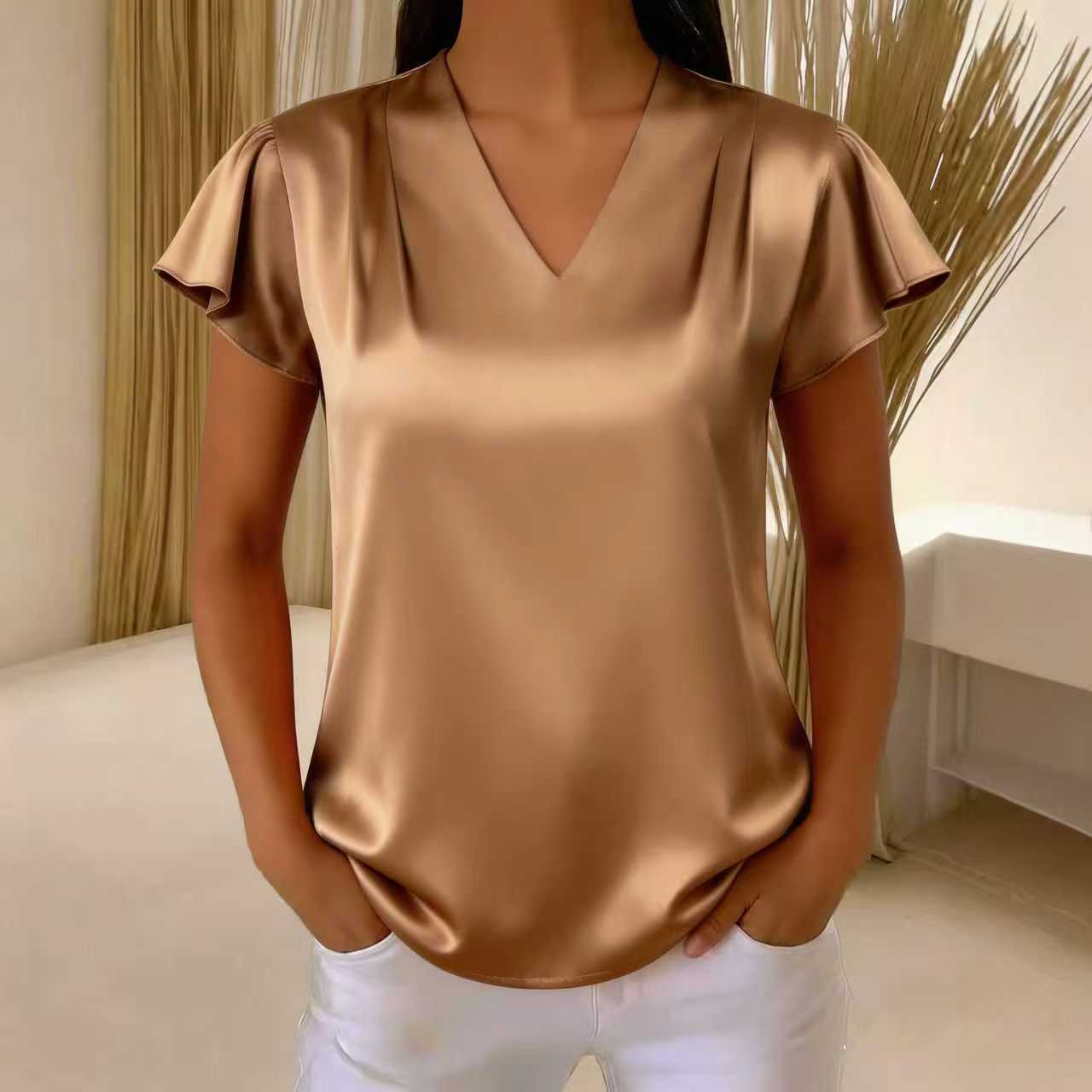 V-Neck Chiffon Pleated Loose Short Sleeve Top