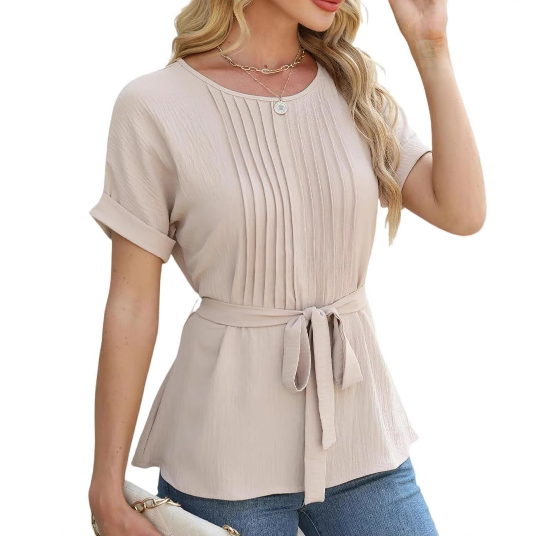 Women's Ruffle Trim Crewneck Short Sleeve Blouse