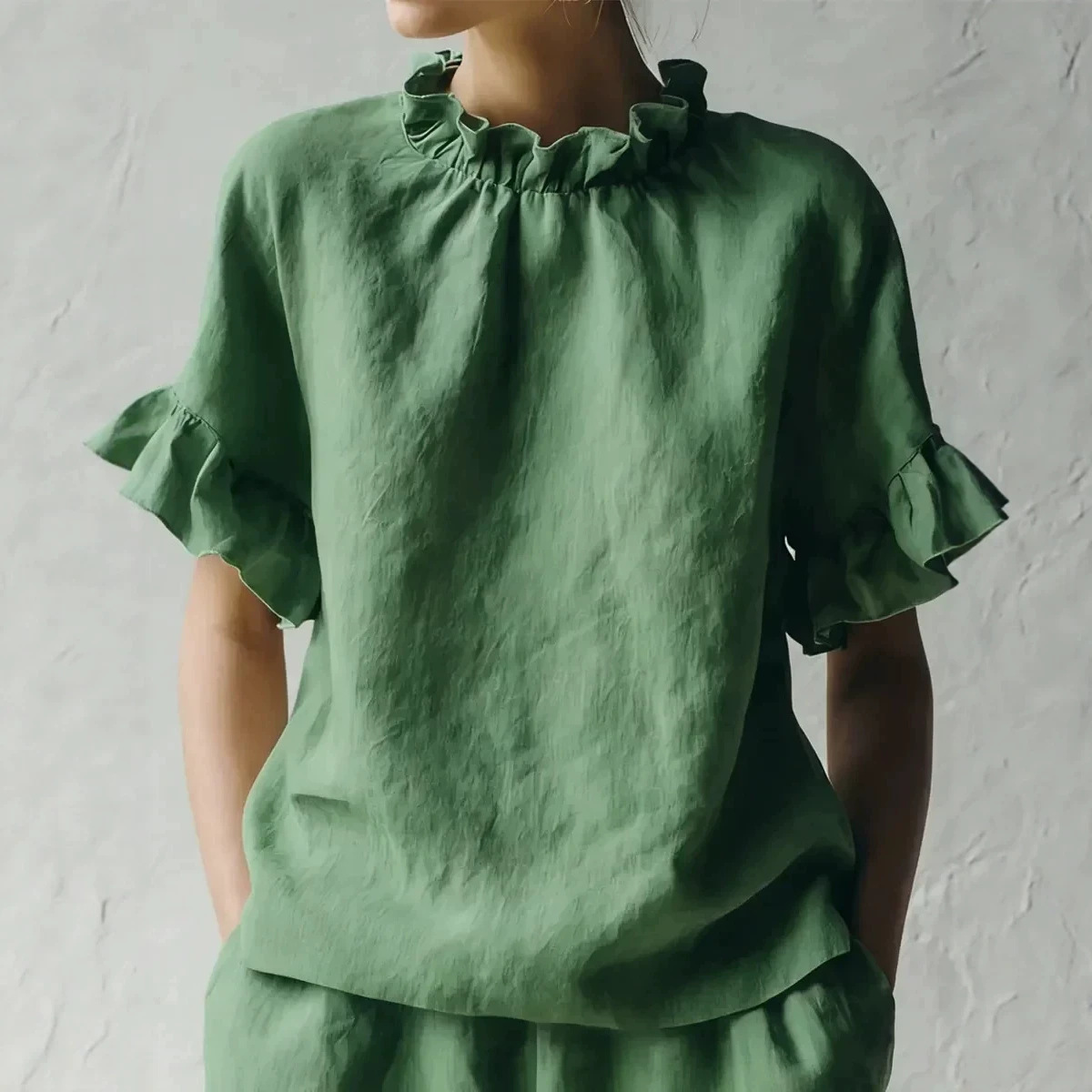 Women's Summer Solid Ruffle Short Sleeve Loose Casual Top