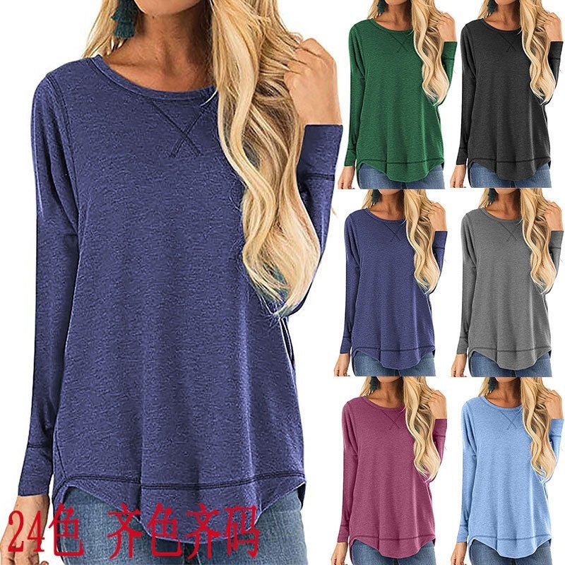 Women's Crewneck Long Sleeve T-Shirt Solid Loose High-Low Hem Casual Top