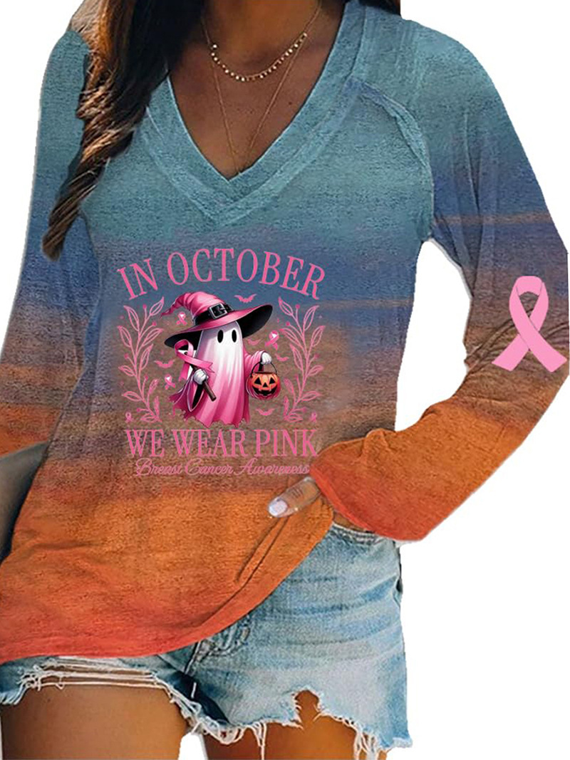 Women's V-Neck Long-Sleeve Halloween Pumpkin Ghost Ribbon Print T-Shirt