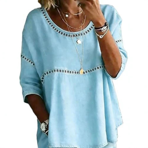 Plaid & Solid Print Mid-Sleeve Casual Women's Top