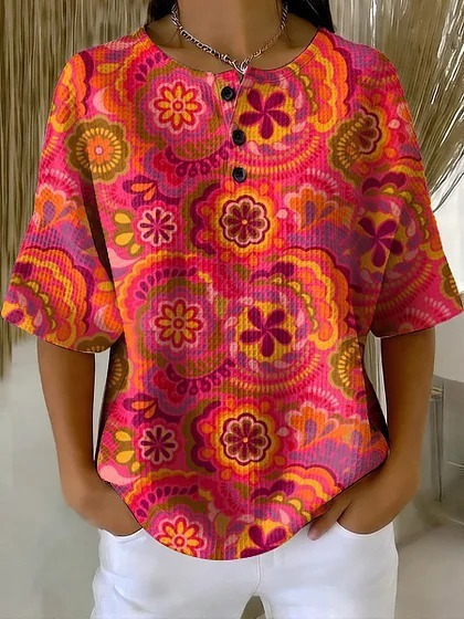 Summer Plaid Floral Print Short Sleeve Button-Up Top