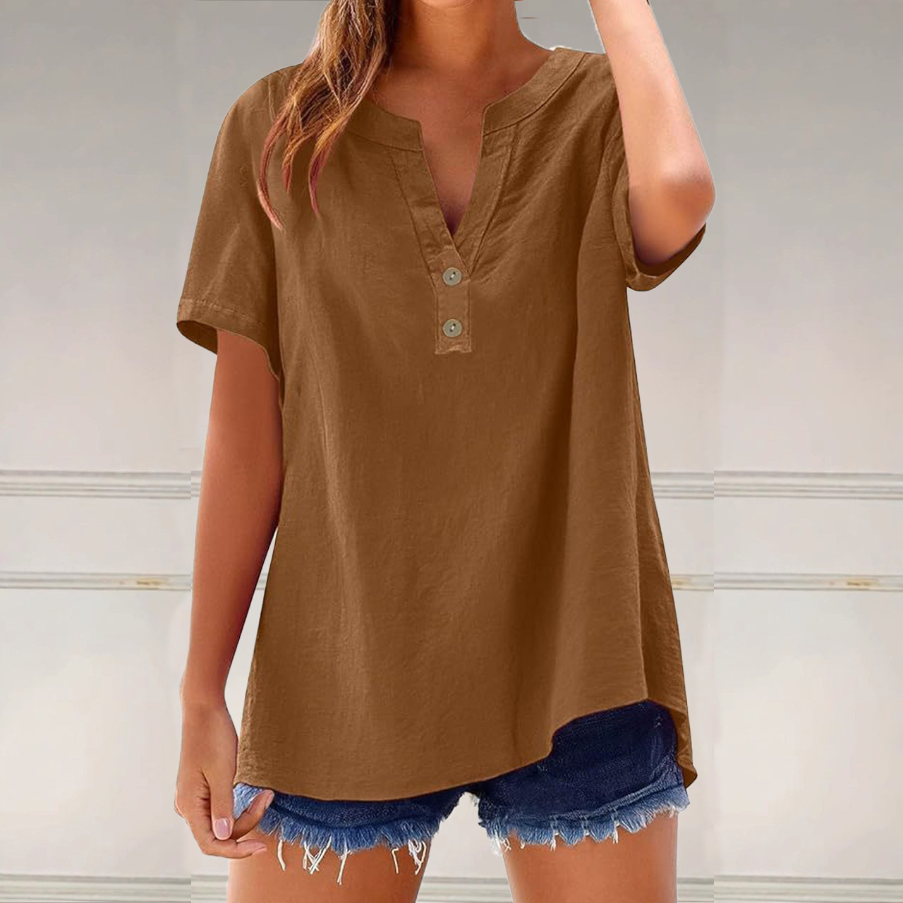Women's Casual Loose Cotton-Blend Shirt Short Sleeve V-Neck Colorblock Top