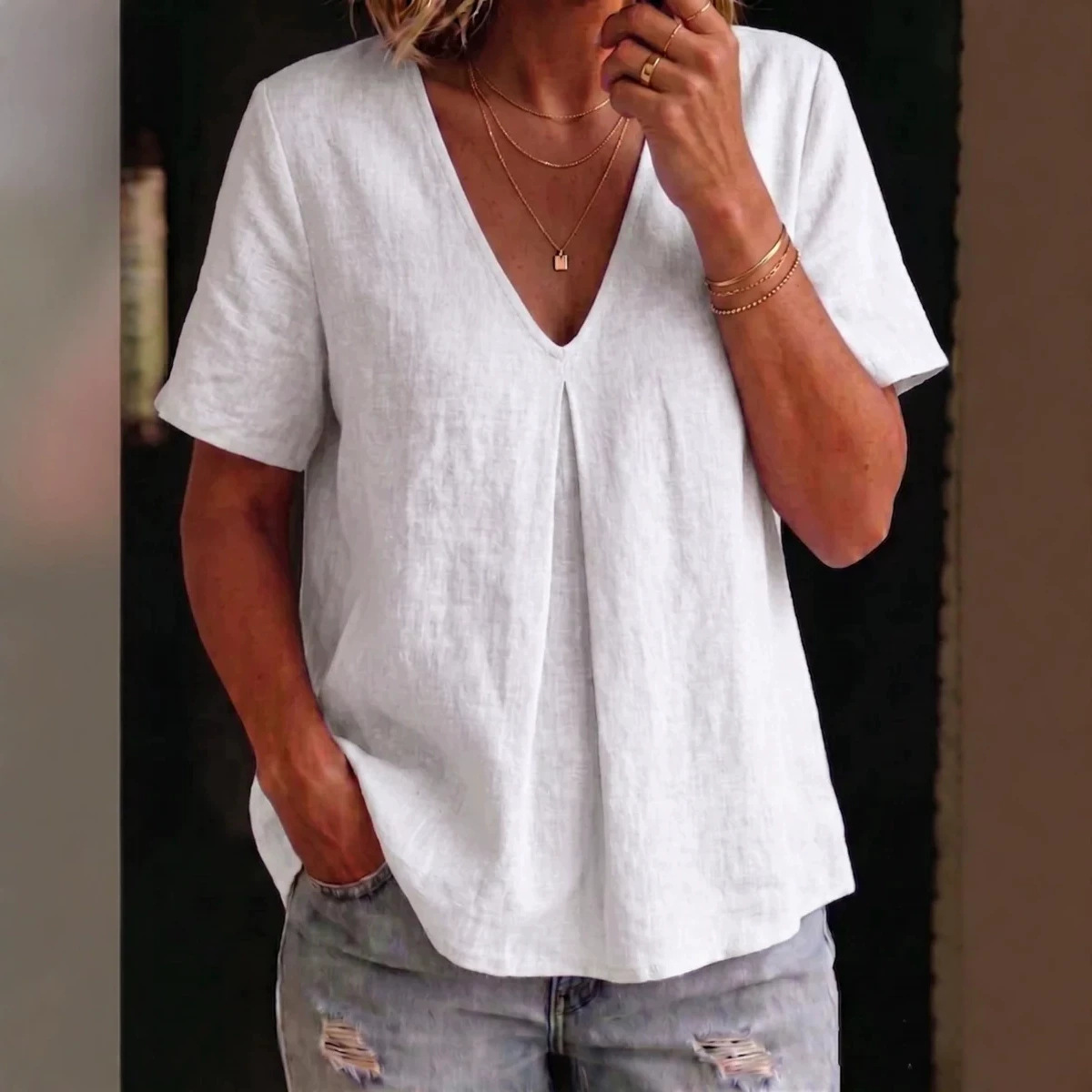 Cotton-Linen V-Neck Short-Sleeve Loose Fit Top for Women